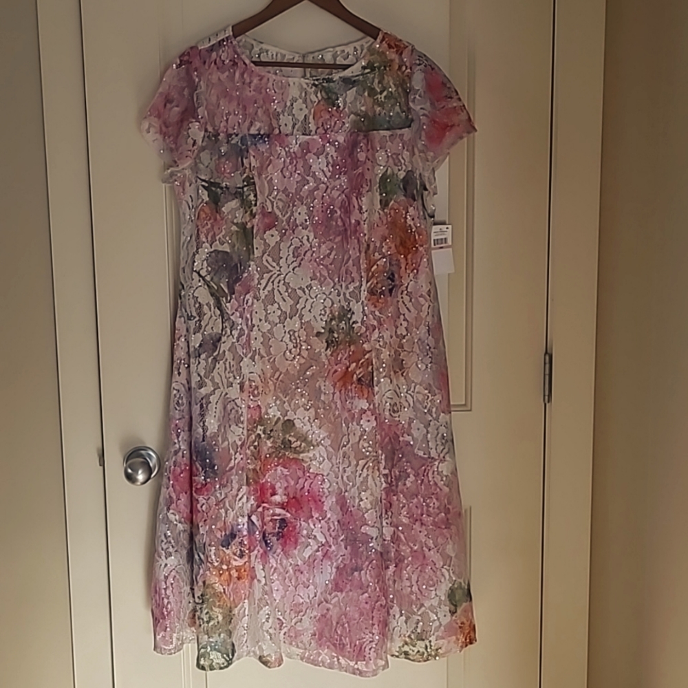 Pink Floral Sequin Lace Midi Dress